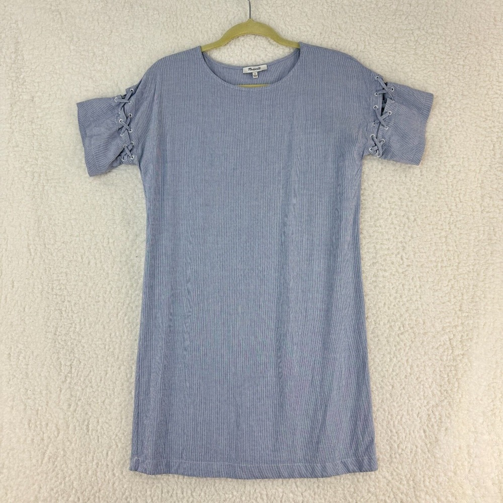Madewell Stripe Lace Up Sleeve‎ Shirt Dress Womens Soft Twilight Blue Size Small